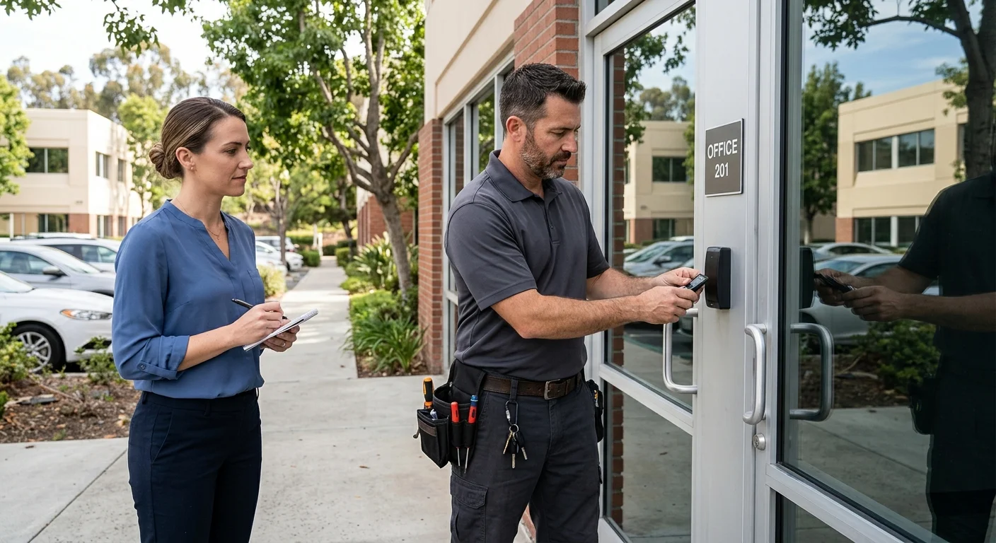 Office manager and locksmith inspecting a Rancho Bernardo door reader