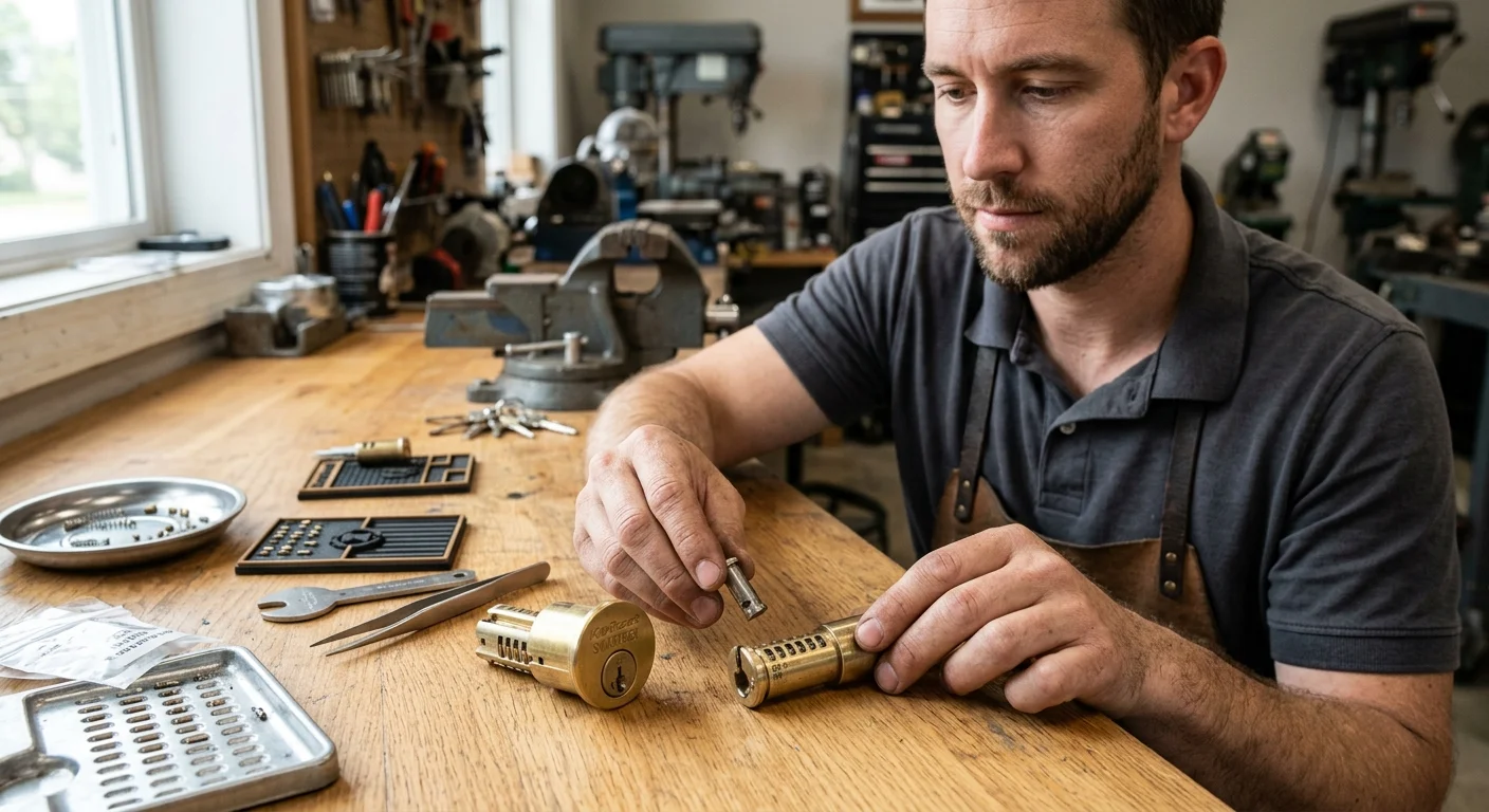 Kwikset SmartKey deadbolt cylinder beside a standard pin cylinder