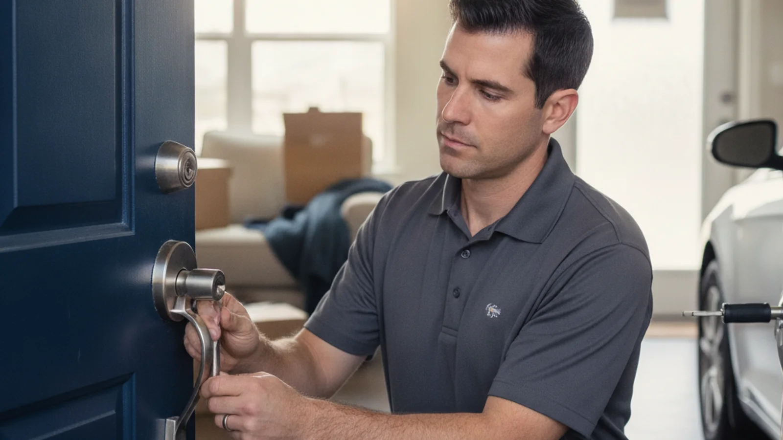 Locksmith rekeying a front door deadbolt after a roommate moved out of a San Diego apartment