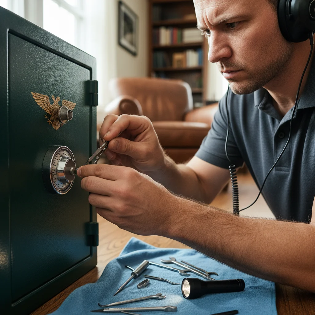 A locksmith's hands using a stethoscope to listen while manipulating a safe dial.