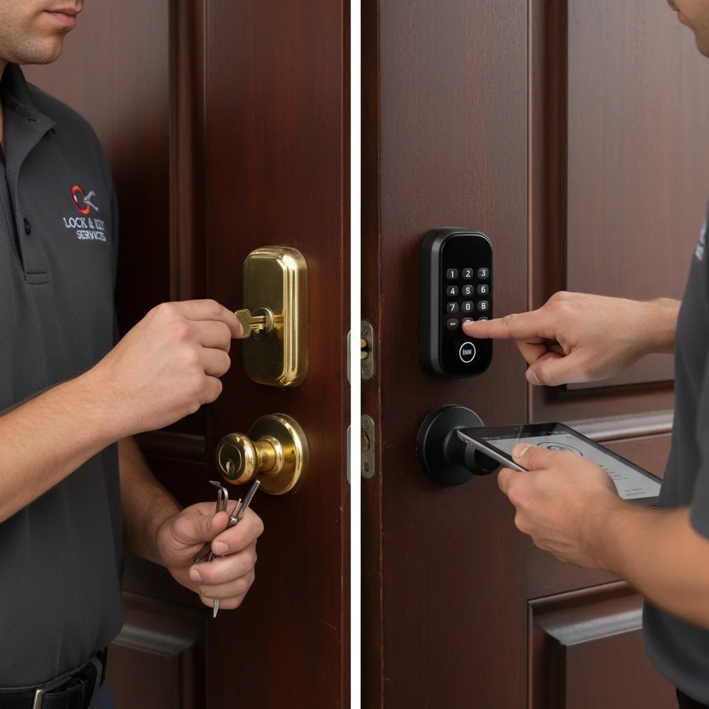 Traditional brass deadbolt on the left and a modern keypad smart lock on the right, both mounted on identical wood doors