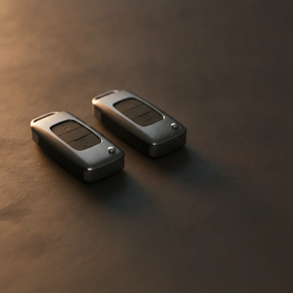 Two matching car key fobs side by side on a dark surface, one marked as the spare, San Diego locksmith context
