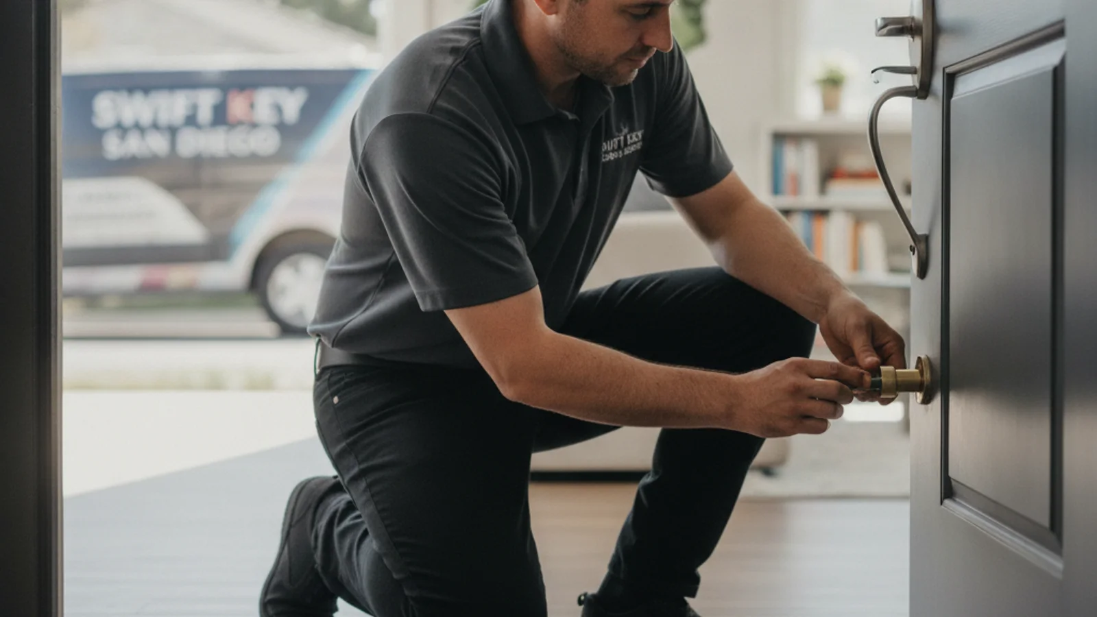 A locksmith rekeying a residential apartment door deadbolt in San Diego