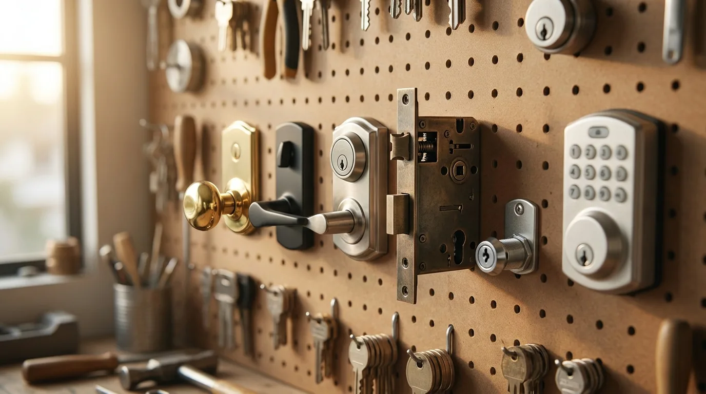 A wall display of the main types of door locks, including knobs, levers, deadbolts, and a keypad smart lock, in a San Diego workshop.