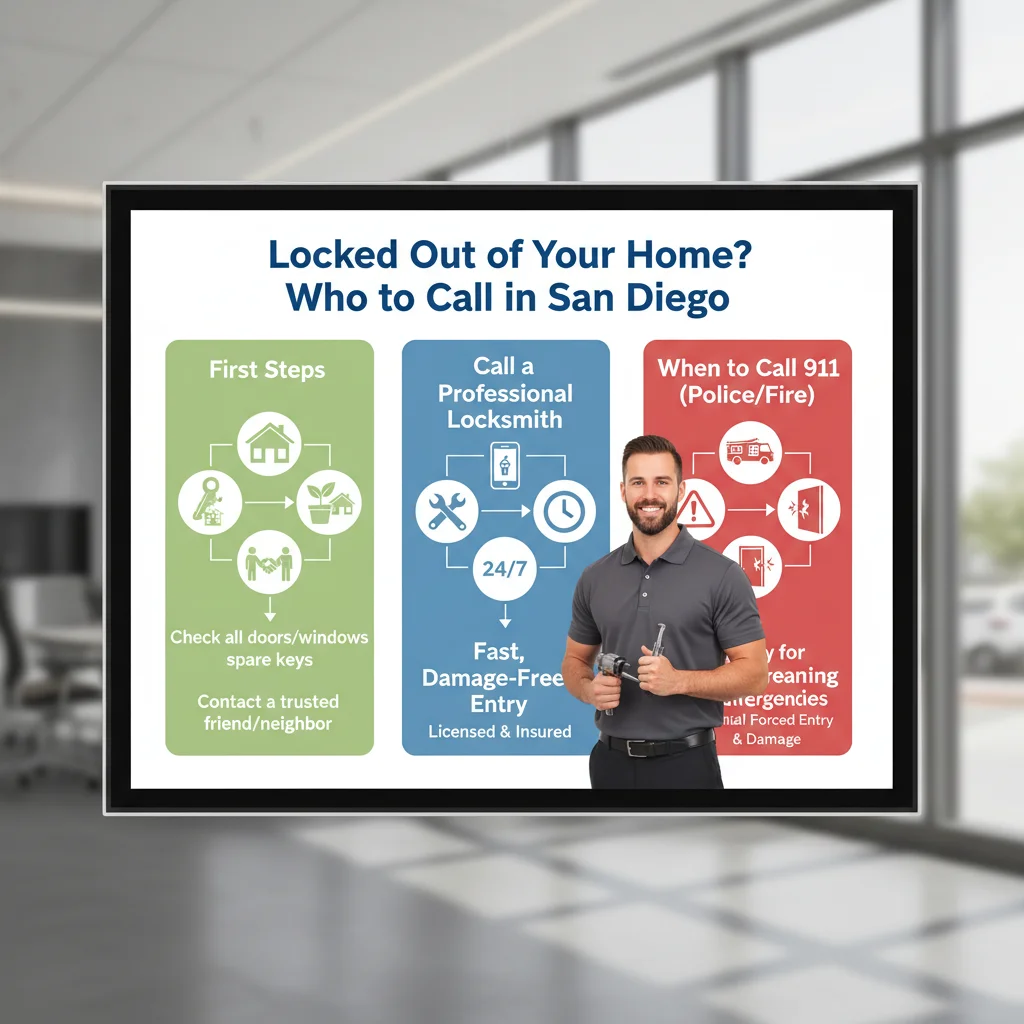 An infographic showing a decision tree for who to call when locked out of a house: first, check for alternatives; second, call a professional locksmith for fast and safe entry; third, only contact emergency services for life-threatening situations to avoid property damage.