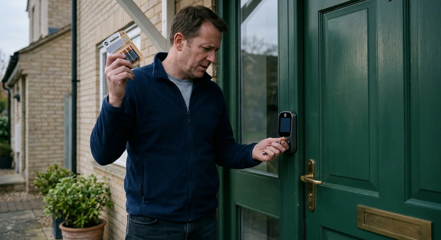 Homeowner holding fresh batteries beside a Yale keypad that still will not respond