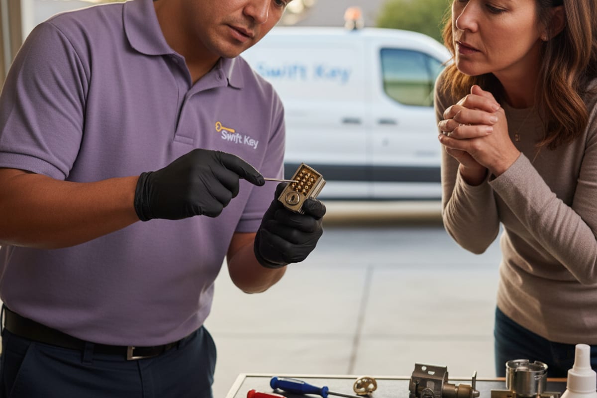 Swift Key locksmith explaining a rekey plan to a homeowner at their San Diego front door