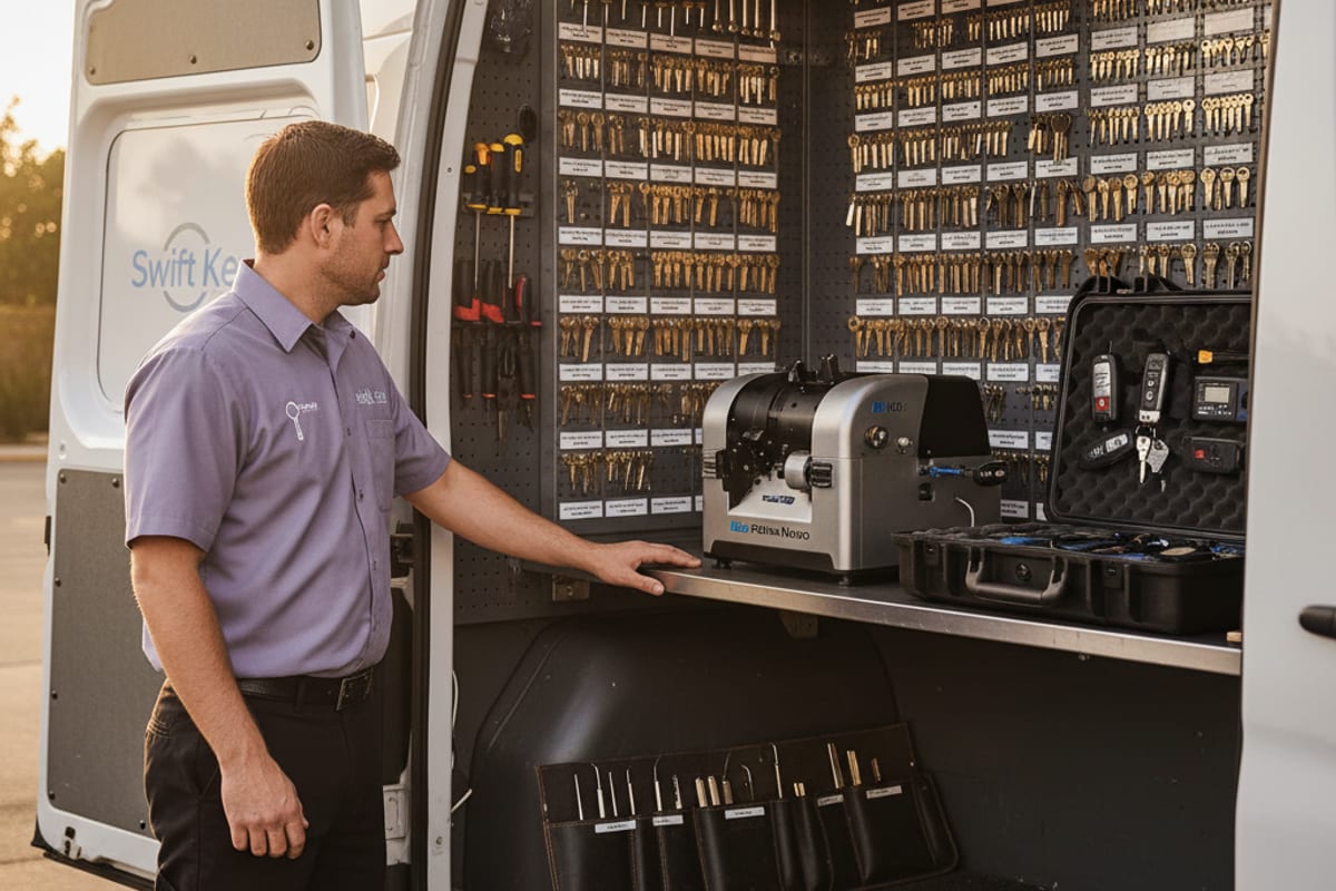 Overhead flat-lay of professional HVAC service equipment including refrigerant gauges, multimeter, capacitors, and tools on a clean work surface