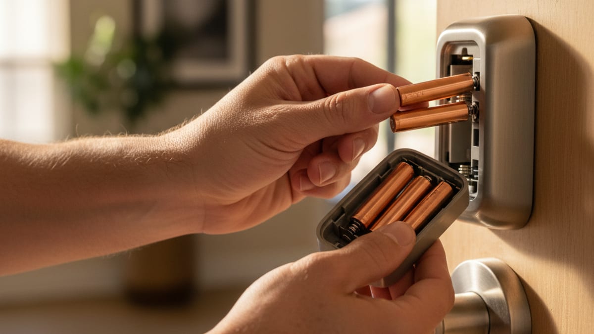 Homeowner swapping AA batteries in a keypad smart deadbolt
