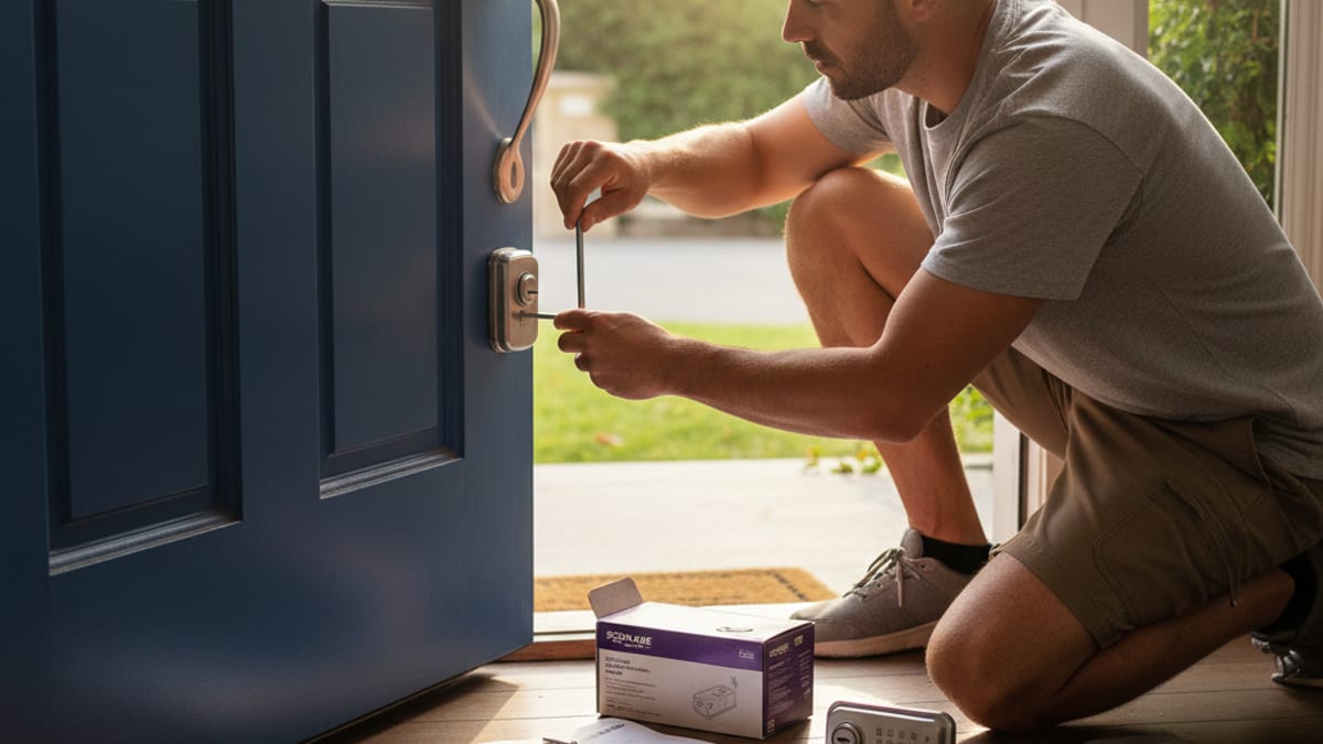 Homeowner installing a keypad smart deadbolt on a residential door