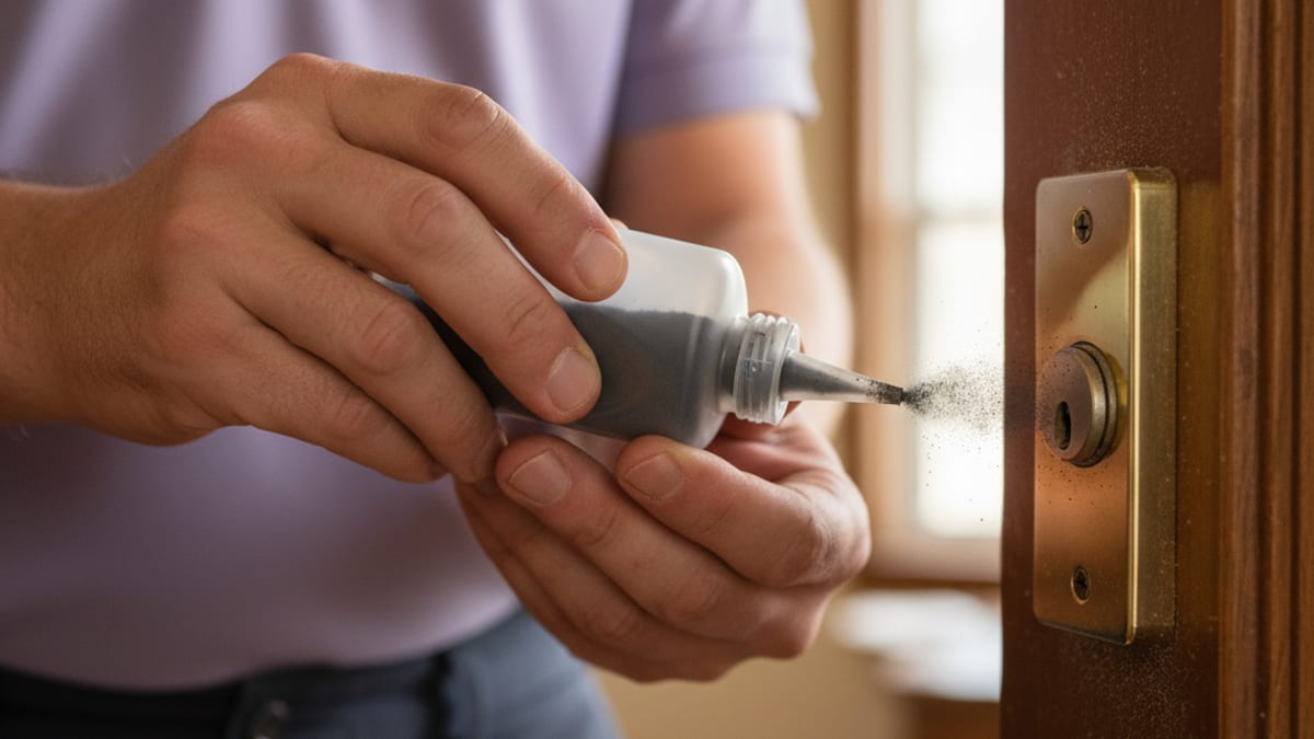 Homeowner applying graphite lock lubricant to a residential deadbolt