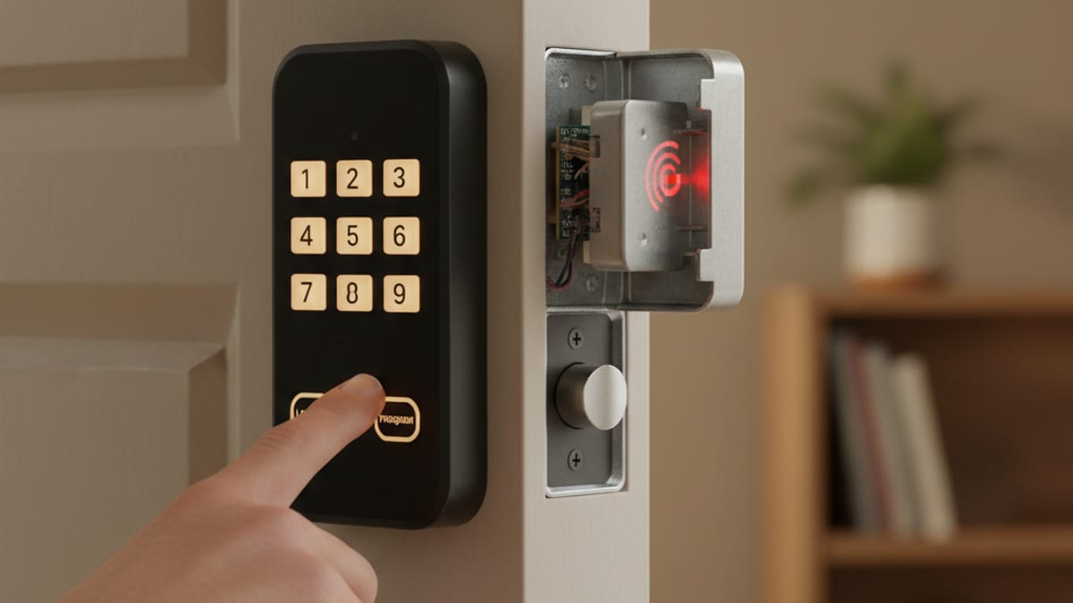 Homeowner pressing the keypad to reset user codes on a keyless deadbolt