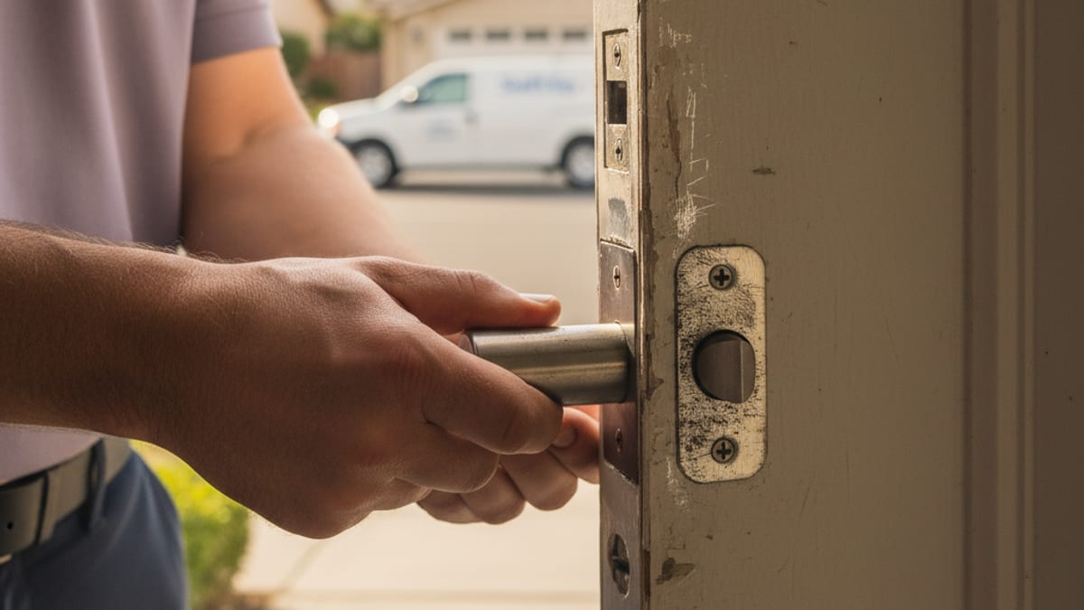 Homeowner inspecting a deadbolt strike plate on a residential door