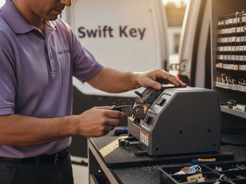 Locksmith cutting a transponder car key at a mobile workbench