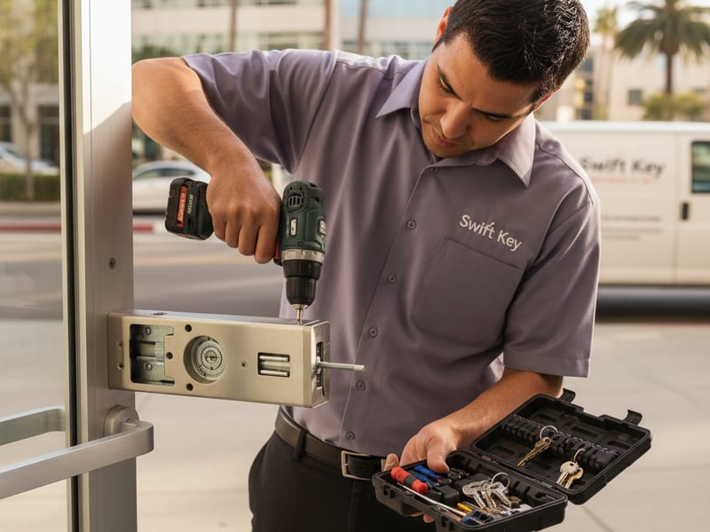 Commercial locksmith servicing a panic-bar exit on a San Diego office building