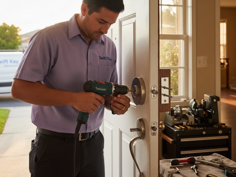 Locksmith installing a new deadbolt with reinforced strike plate on a residential door