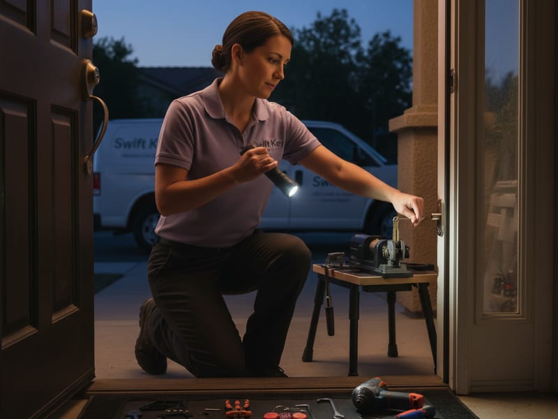 Swift Key locksmith technician in muted lavender polo responding to a late-night emergency call