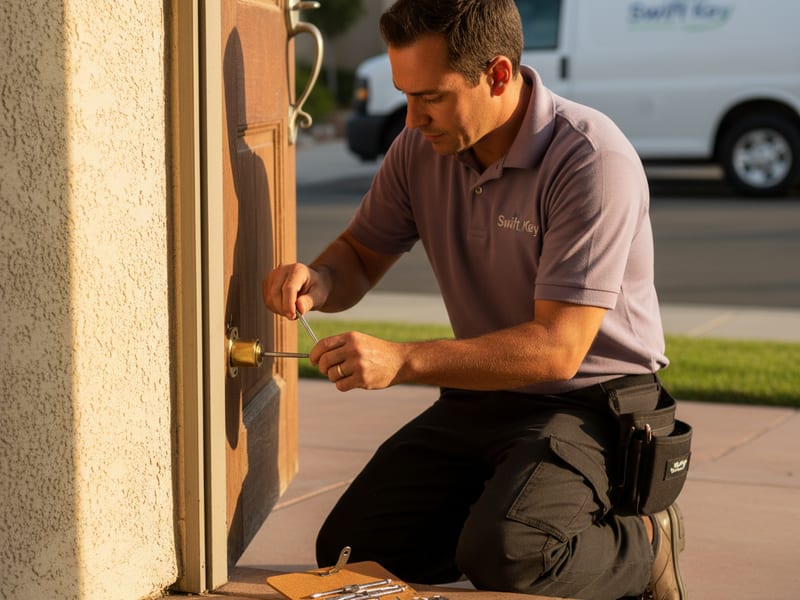 Locksmith picking a residential deadbolt on a San Diego home front door