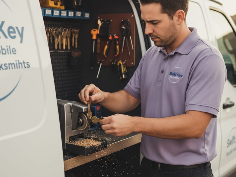 Locksmith cutting a house key on a mobile key duplicator machine