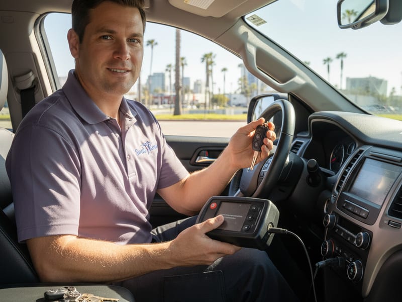 Locksmith programming a replacement key fob to a vehicle at the curb