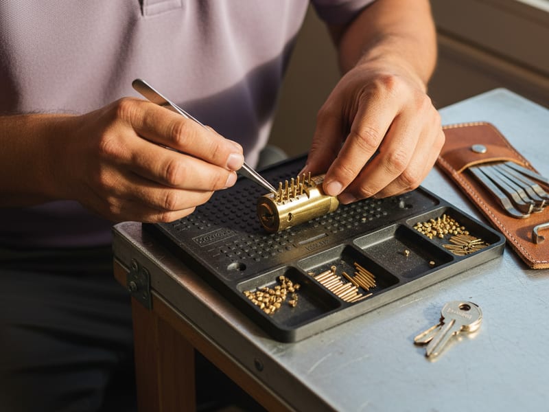 Locksmith rekeying a Kwikset deadbolt cylinder with new pins