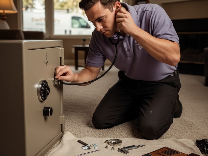 Locksmith manipulating a dial-combination residential safe