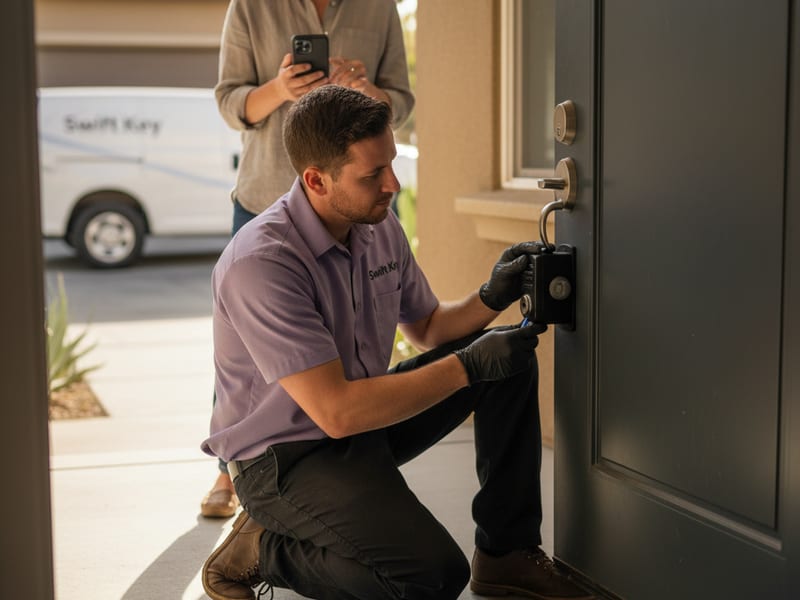 Locksmith installing a keypad smart deadbolt and pairing it to the homeowner's phone